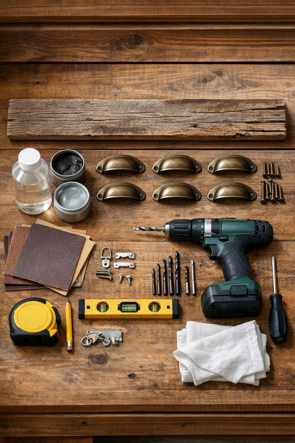 Materials for a barn wood key hook project laid out on a work surface