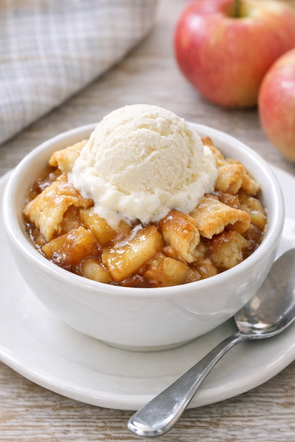Plated apple pie crust slow cooker dessert with vanilla ice cream