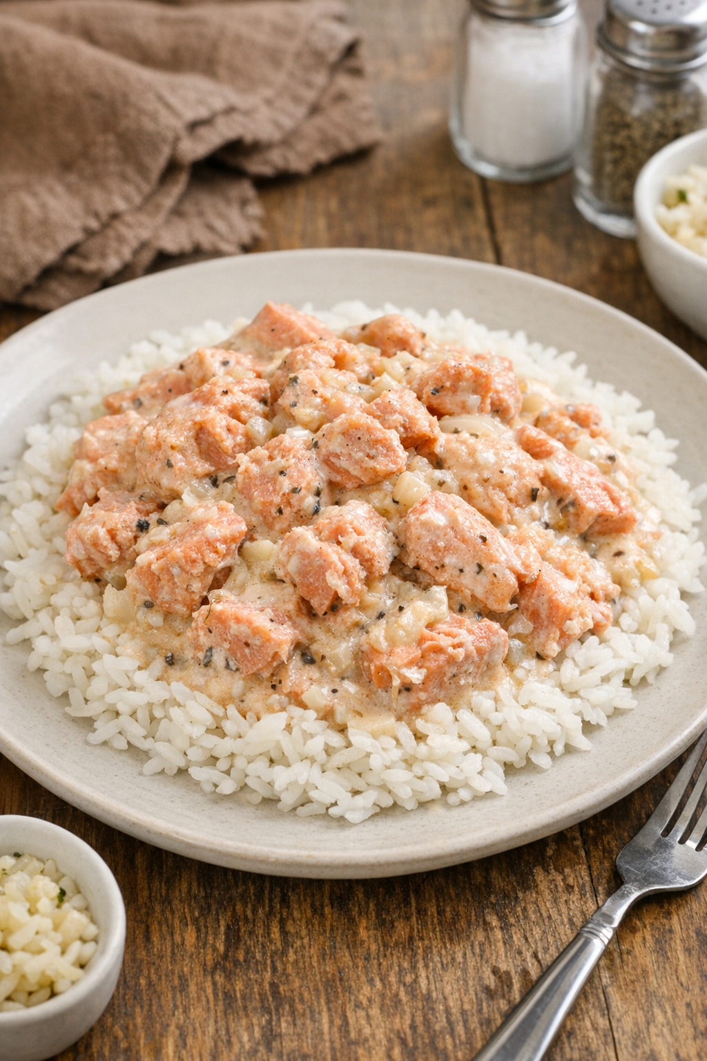 Finished creamy slow cooker sockeye salmon served over rice