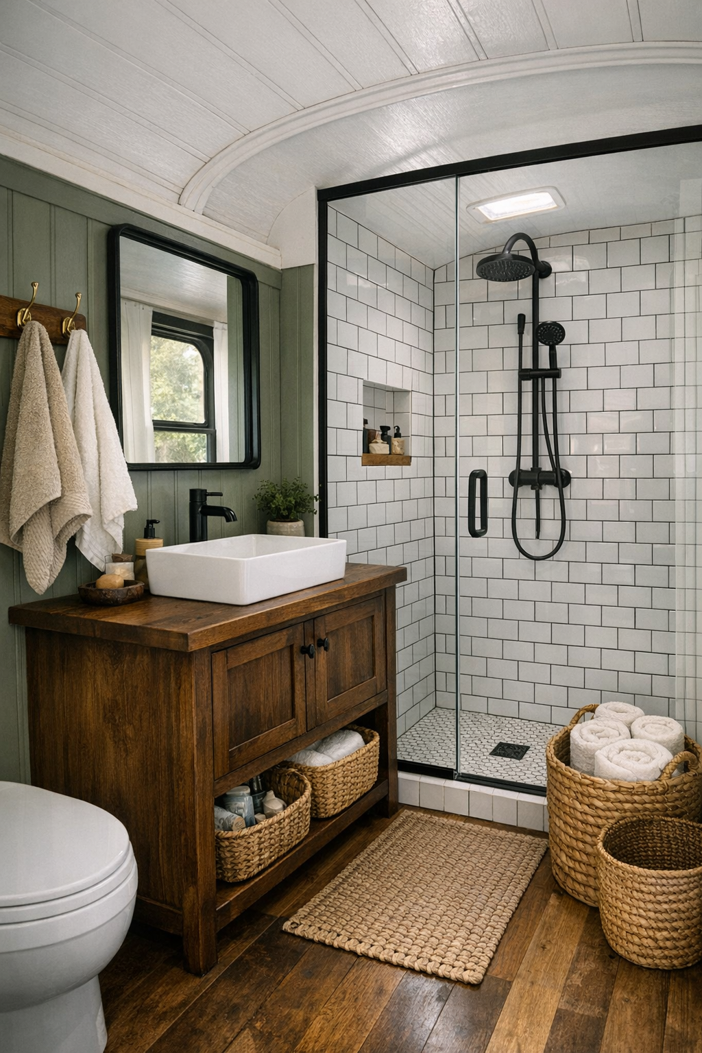 Compact rustic bus bathroom with dark wood vanity, white tile, and a glass shower