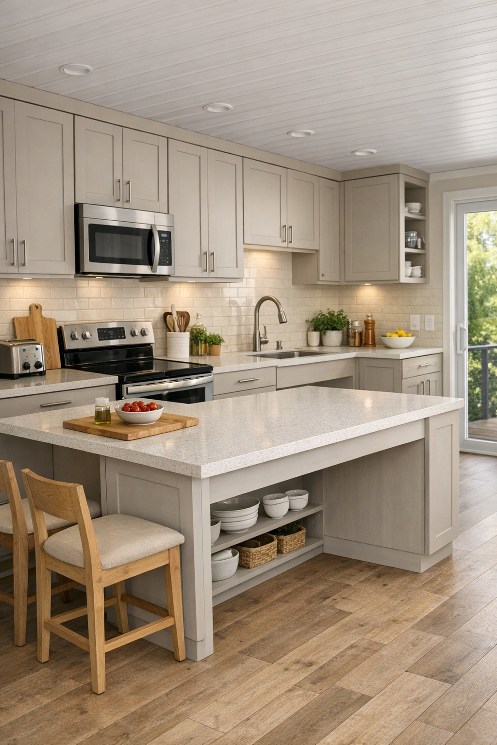 Accessible kitchen with pale cabinetry, quartz counters, and open island space