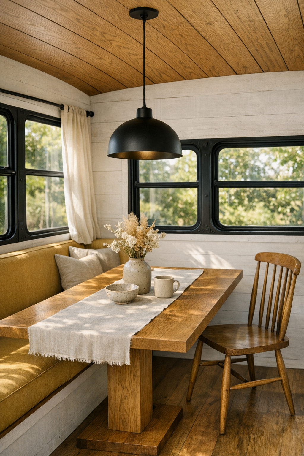 Small dining nook in a converted bus with oak table and bench seating