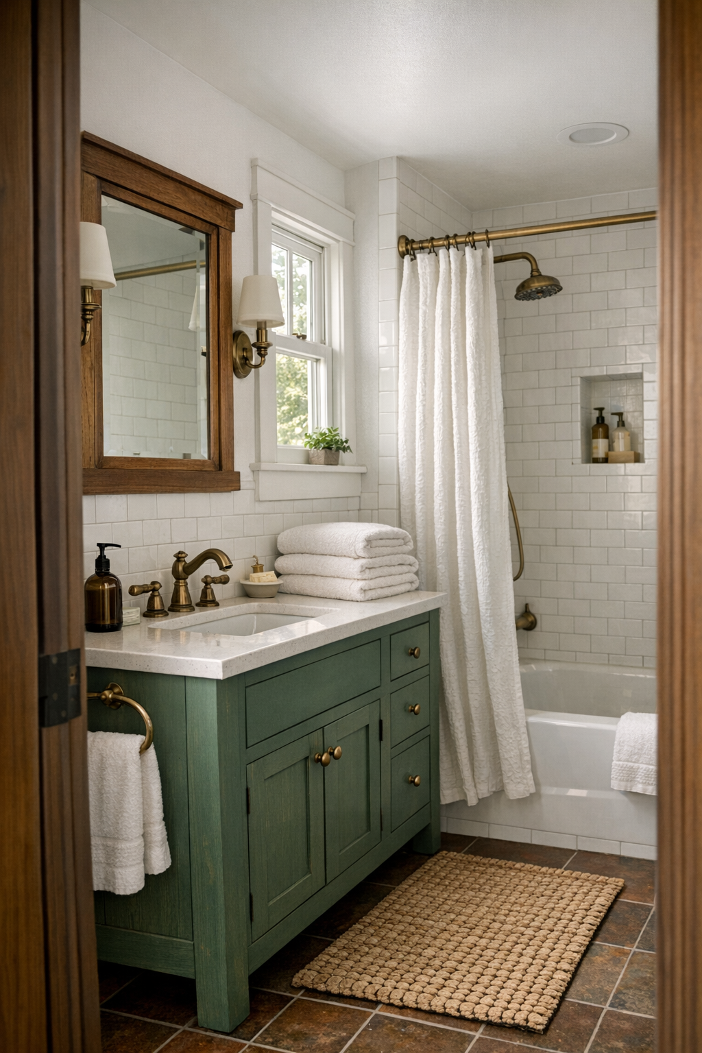 Warm Craftsman bathroom with painted vanity, classic tile, and soft filtered light