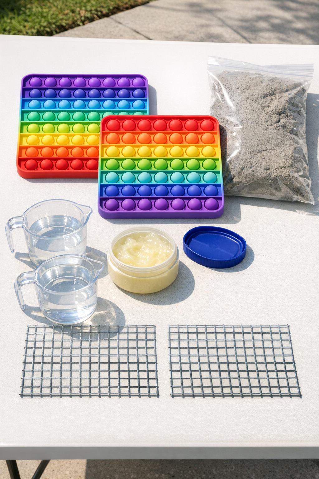Materials for making cement yard tiles laid out on a work surface
