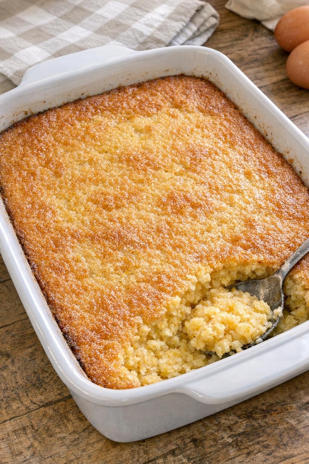 Finished baked cornmeal dessert in a white casserole dish