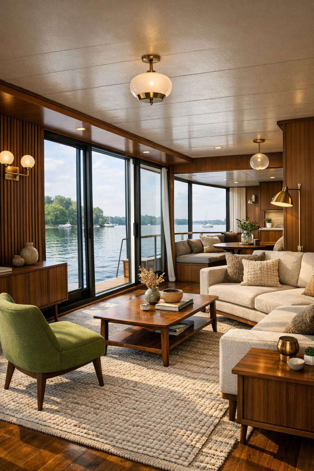 Mid-century barrier-free living room with walnut furniture and waterfront windows