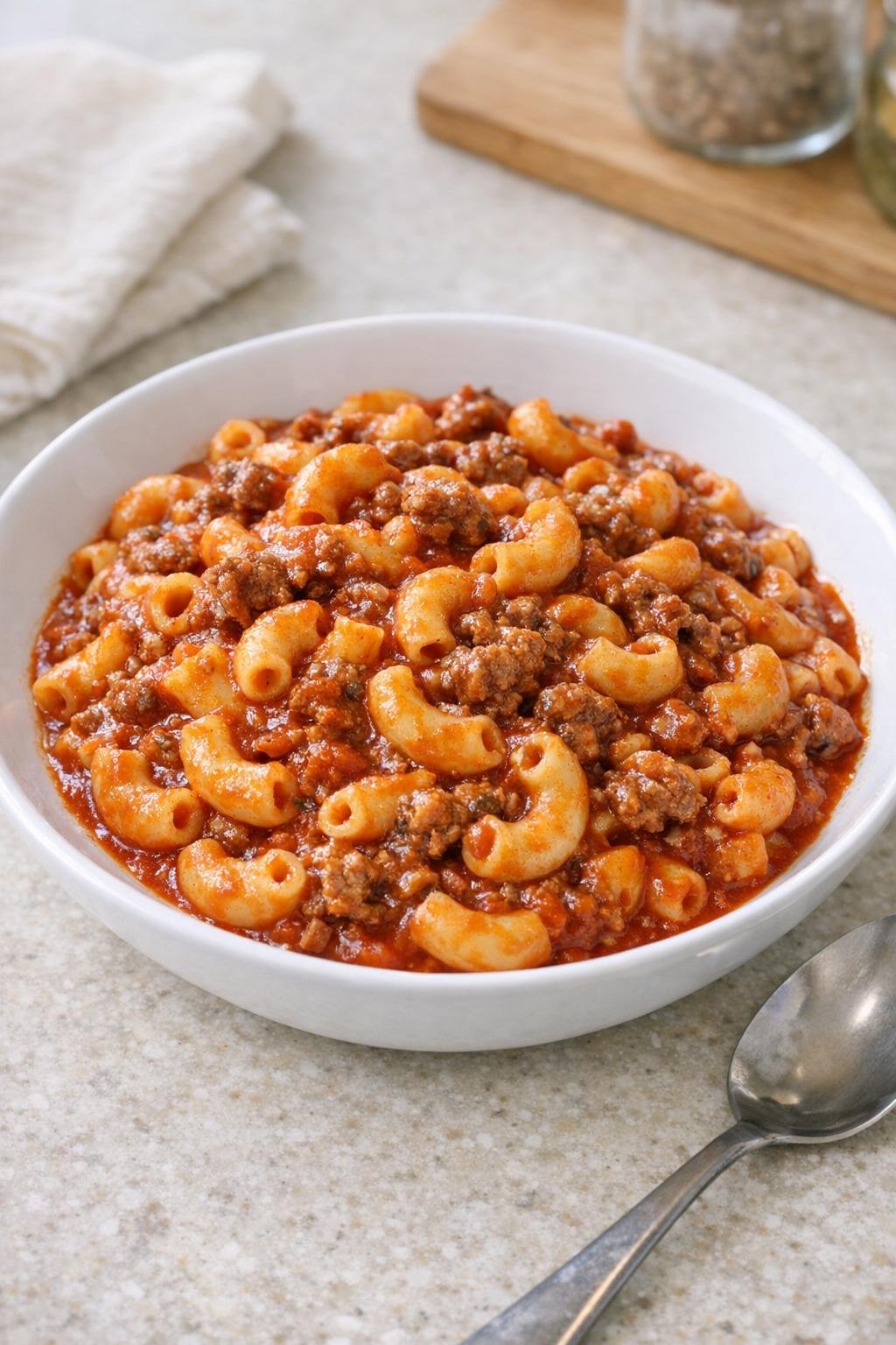 Finished tomato beef and macaroni in a white bowl