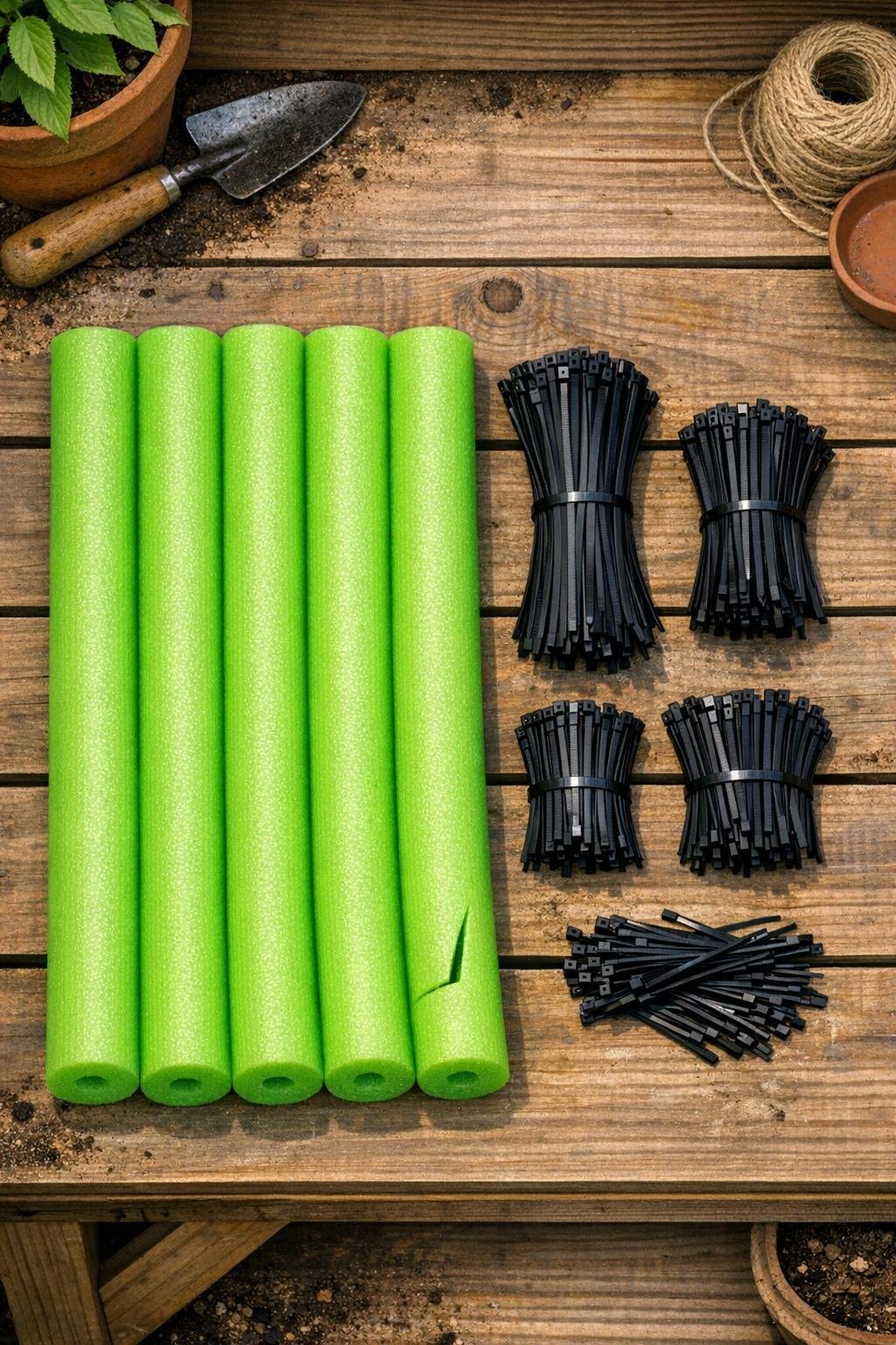 Bright green pool noodles and black zip ties laid out on a potting bench