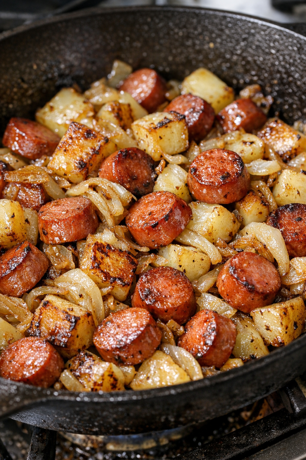 Hot dog slices added to the browned potatoes