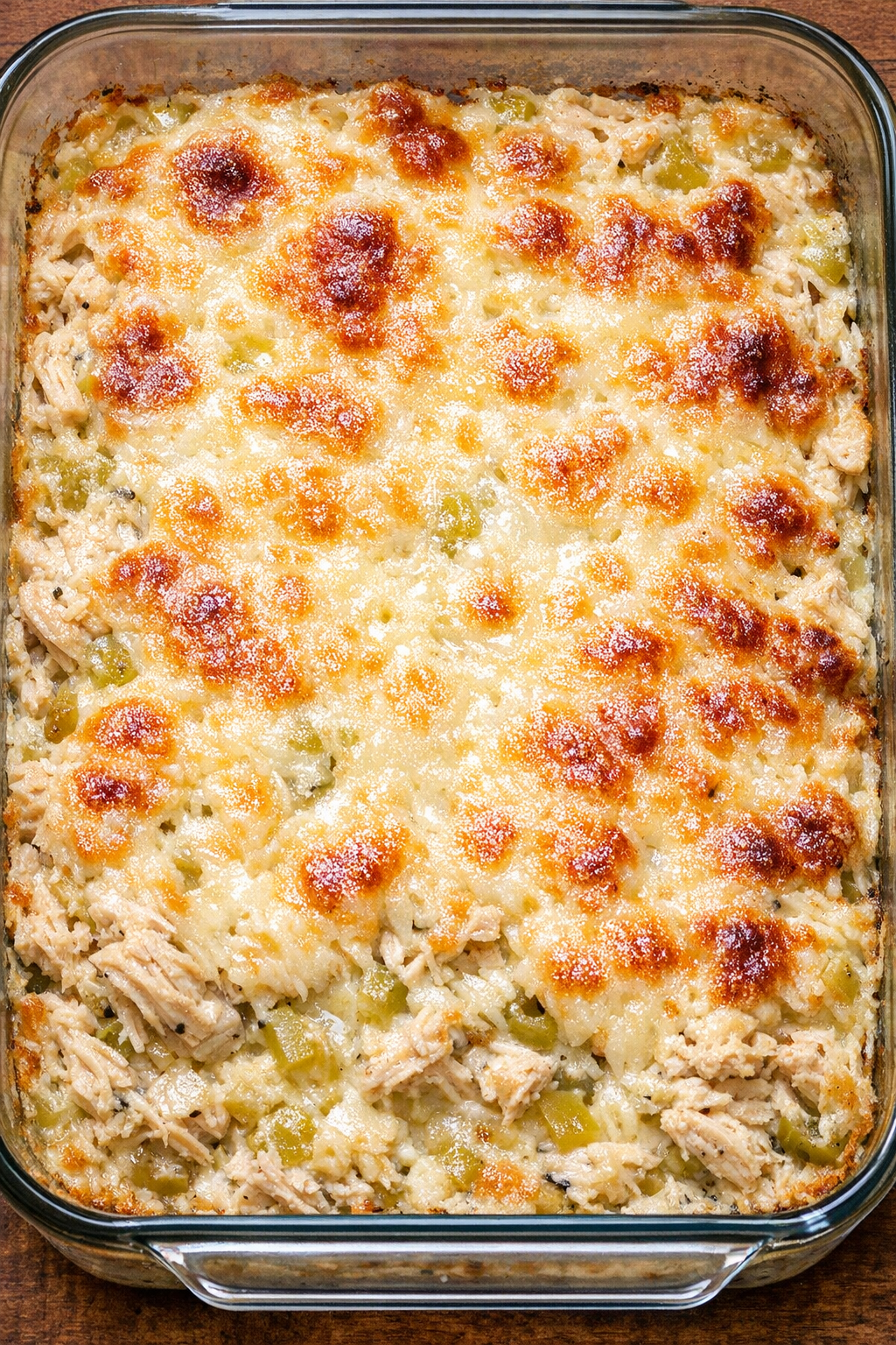 Bubbly green chile chicken bake fresh from the oven