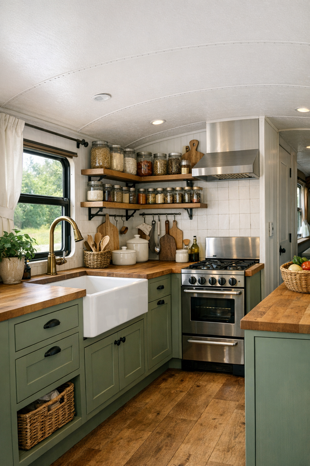 Galley kitchen in a converted bus with sage cabinetry and butcher block counters