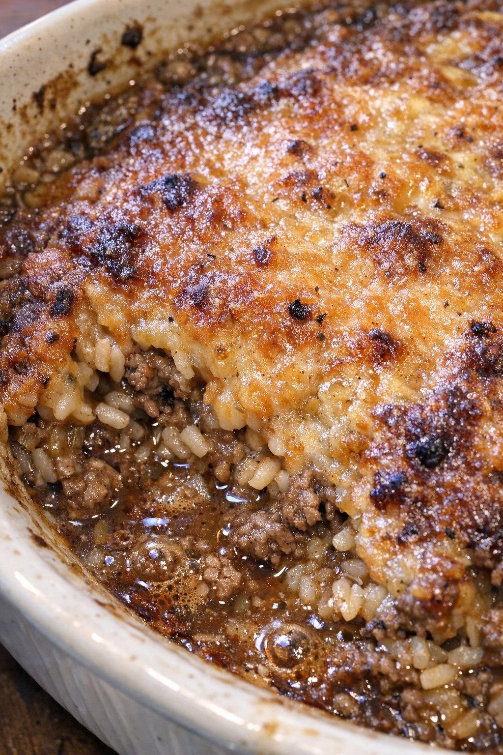 Bubbly golden brown beef rice hotdish in a ceramic baking dish