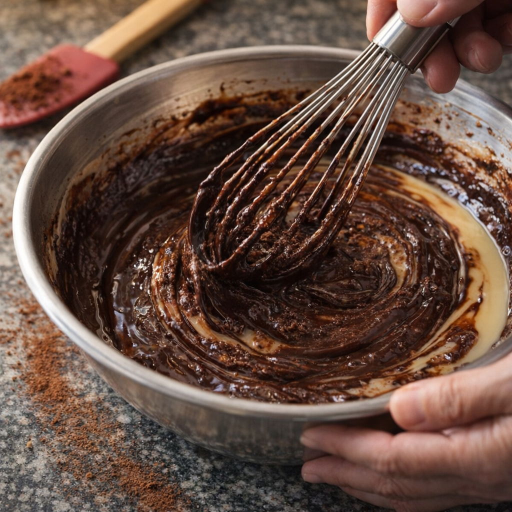 Chocolate and condensed milk mixture being whisked in a bowl