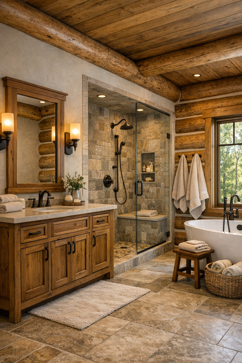 Bathroom with wood vanity, stone surfaces, walk-in shower, and soaking tub