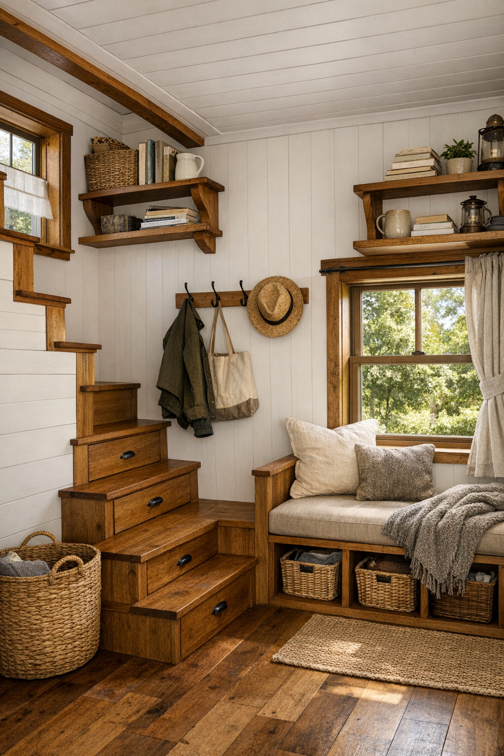 Smart tiny home transition space with built-in stairs, storage drawers, and a small window nook