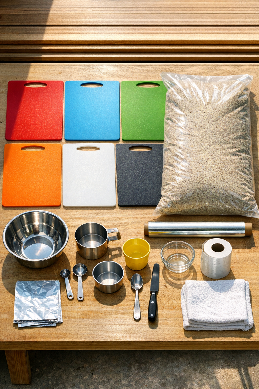 Plastic cutting boards, sand, and aluminum foil laid out for making patio tiles