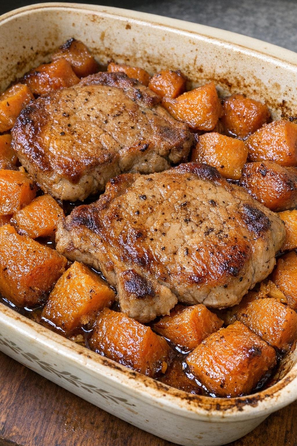 Golden brown pork chops with sweet potatoes in a vintage baking dish