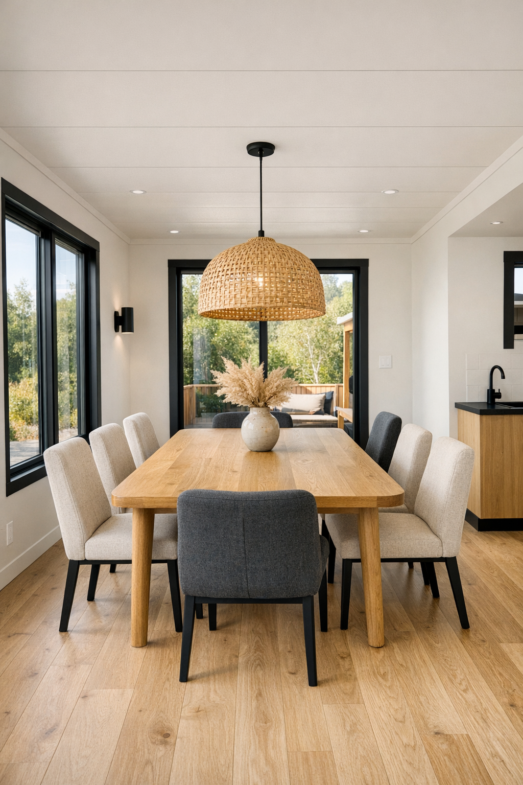 Accessible dining area with oak table, upholstered chairs, and woven pendant light