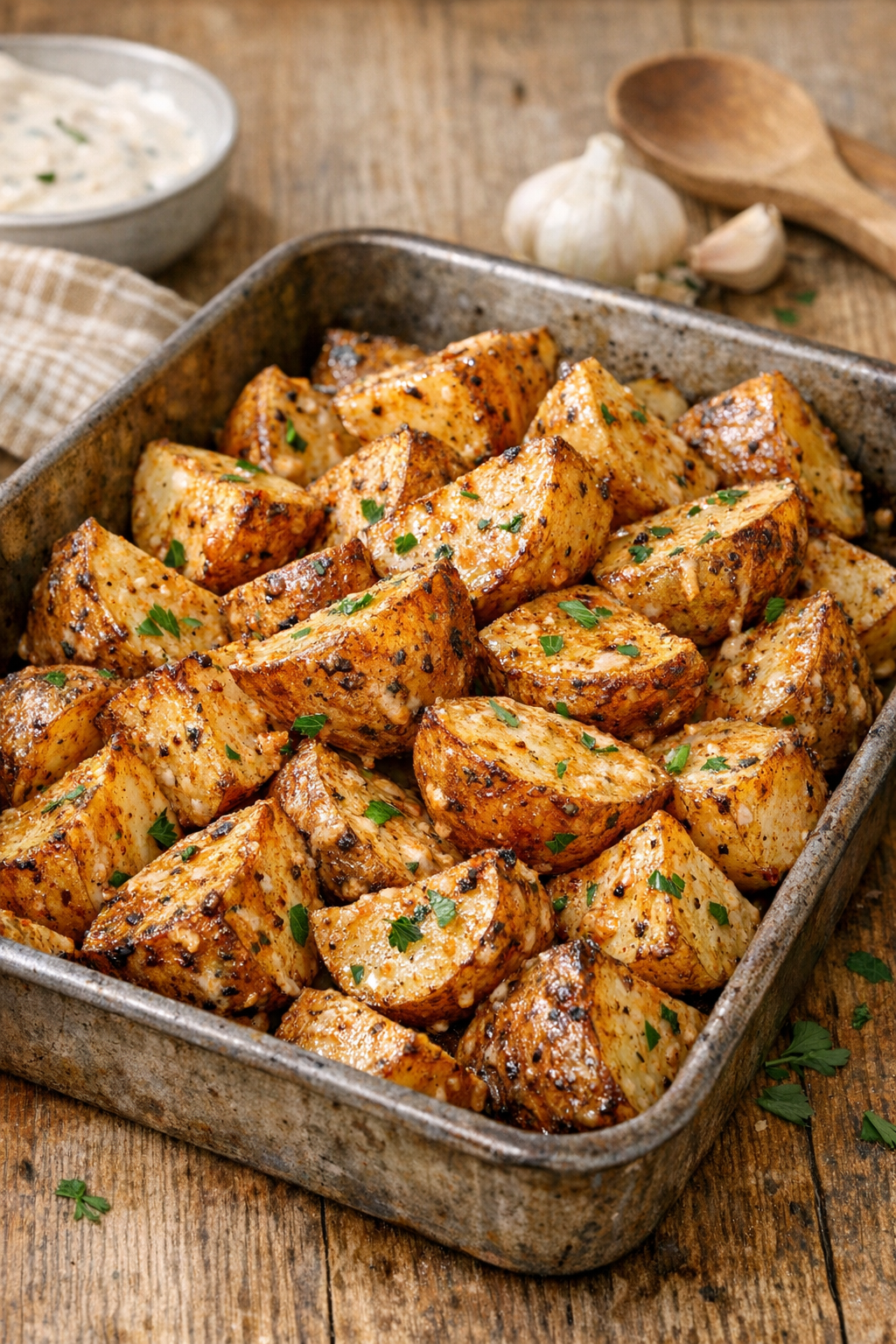 Roasted chipotle ranch potatoes served in a rustic dish