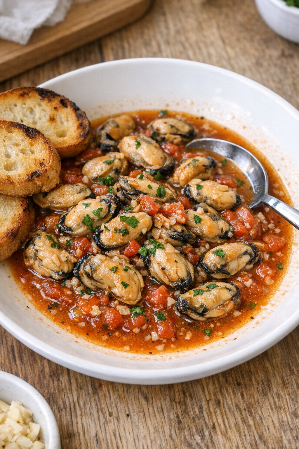 Finished slow cooker mussels in a serving bowl