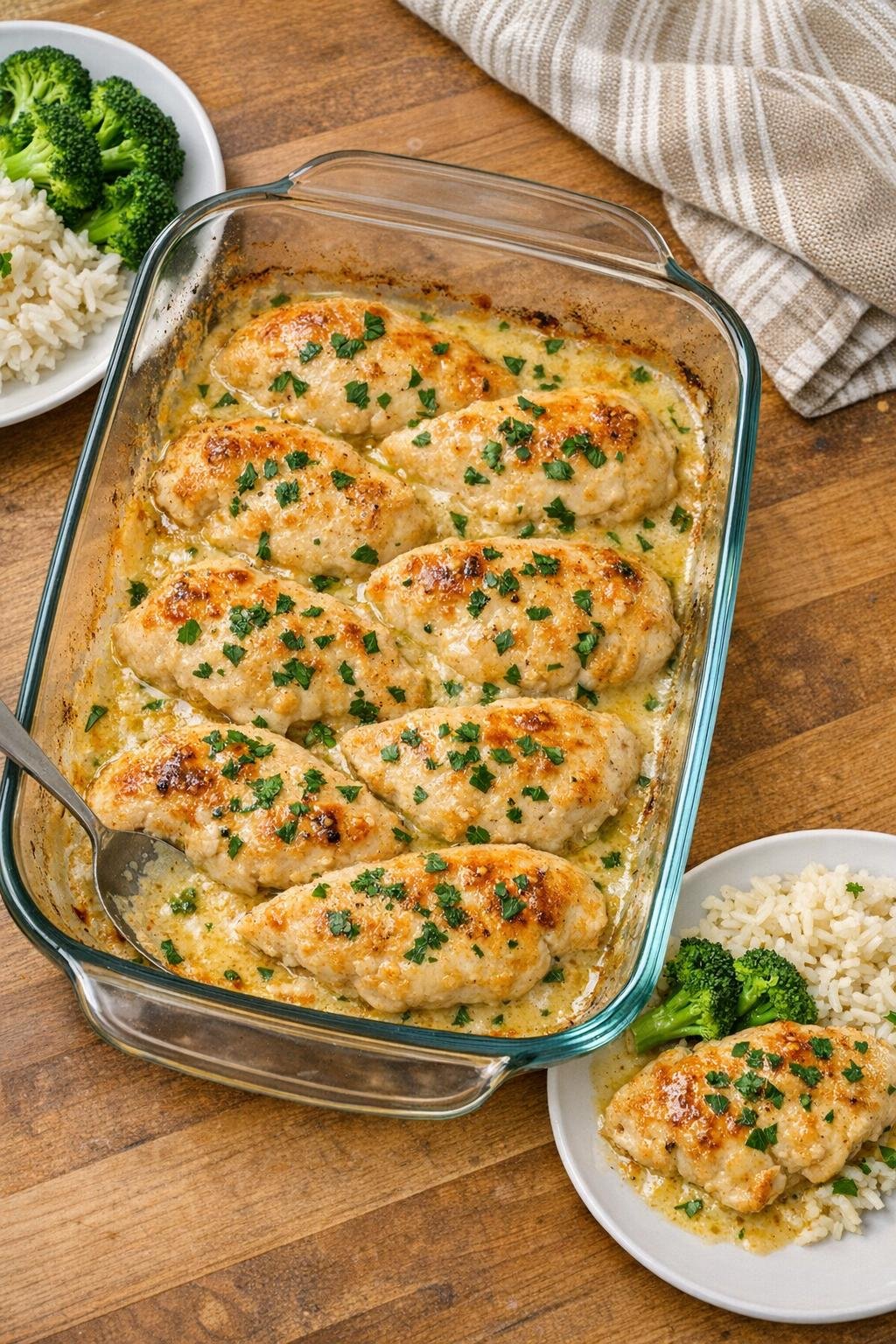 Baked chicken cutlets in a glass casserole dish