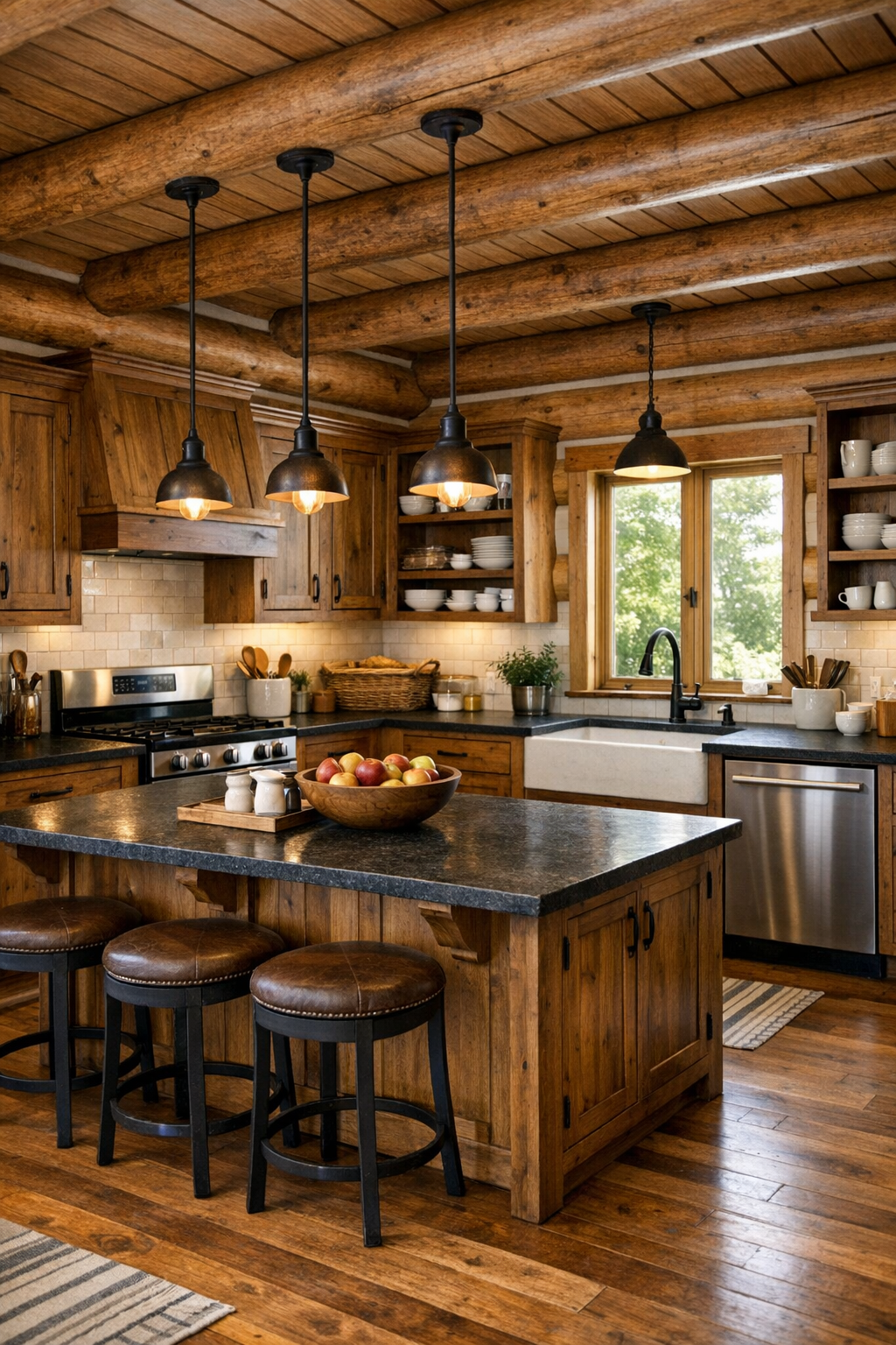 Rustic kitchen with Amish cabinetry, dark stone counters, and a large central island