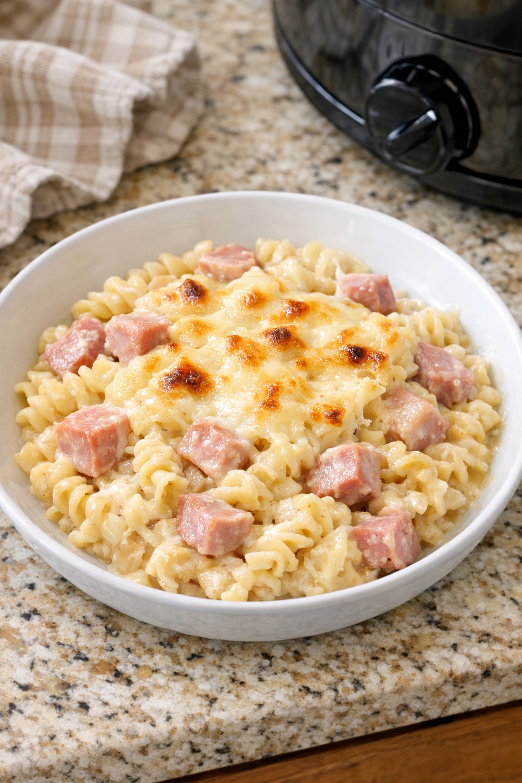 Finished Amish Swiss ham pasta plated in a shallow bowl