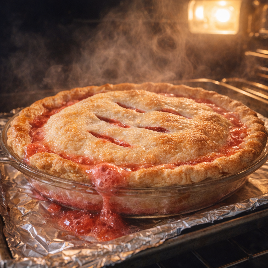 Rhubarb pie baking with bubbling juices
