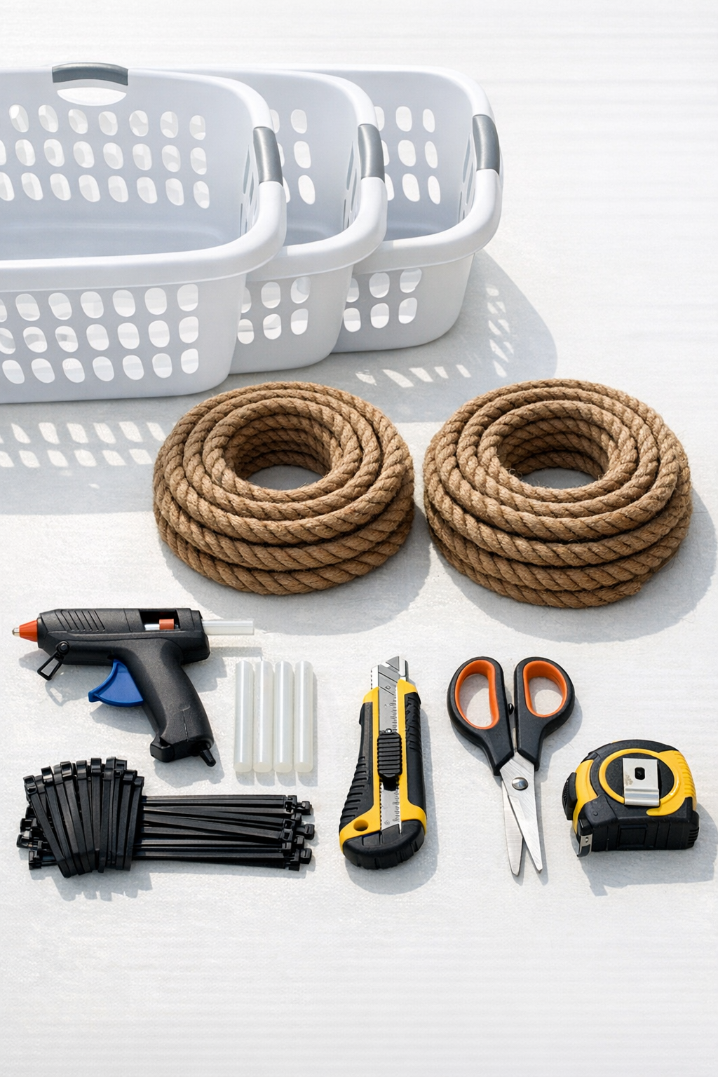 All materials for the giant rope-wrapped laundry basket planter laid out together