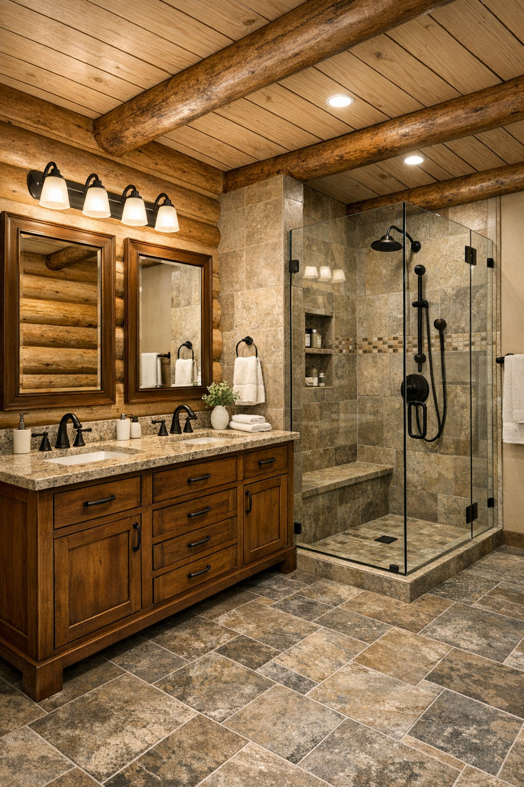 Warm craftsman bathroom with a wood vanity, stone-look tile, and a glass shower