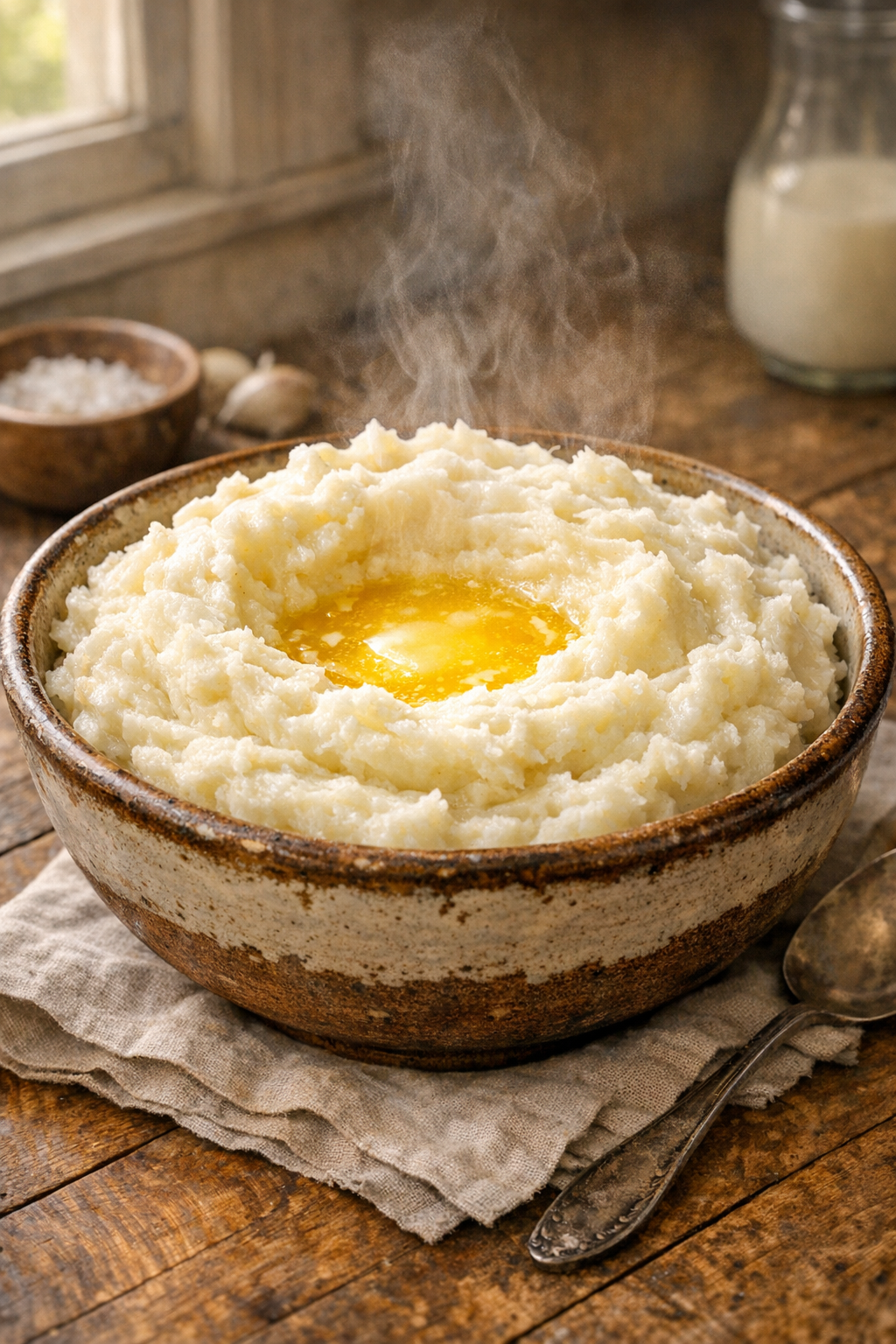 Finished bowl of whipped potatoes with melted butter