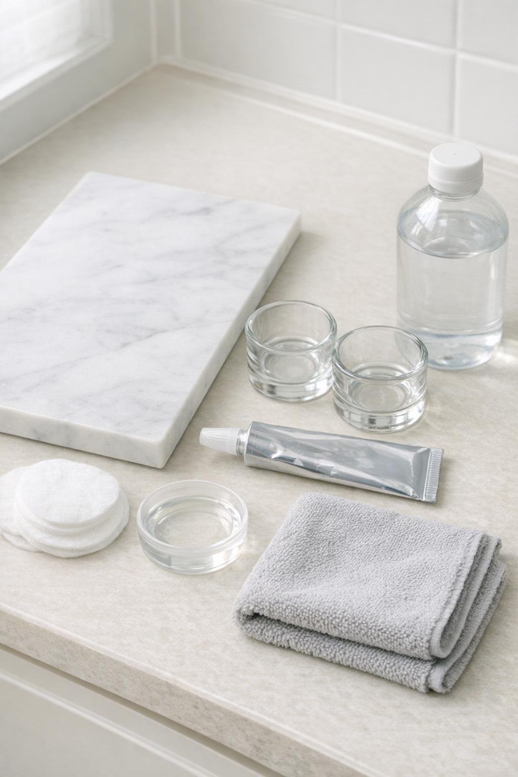 Materials for a marble bathroom tray laid out together