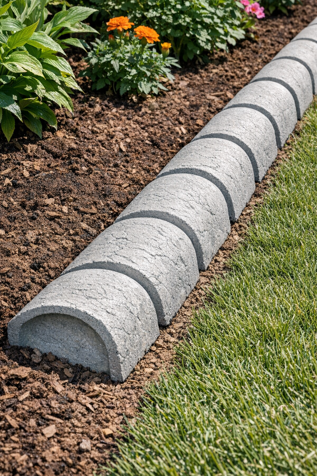Finished cement half-pipe yard borders installed along a garden bed