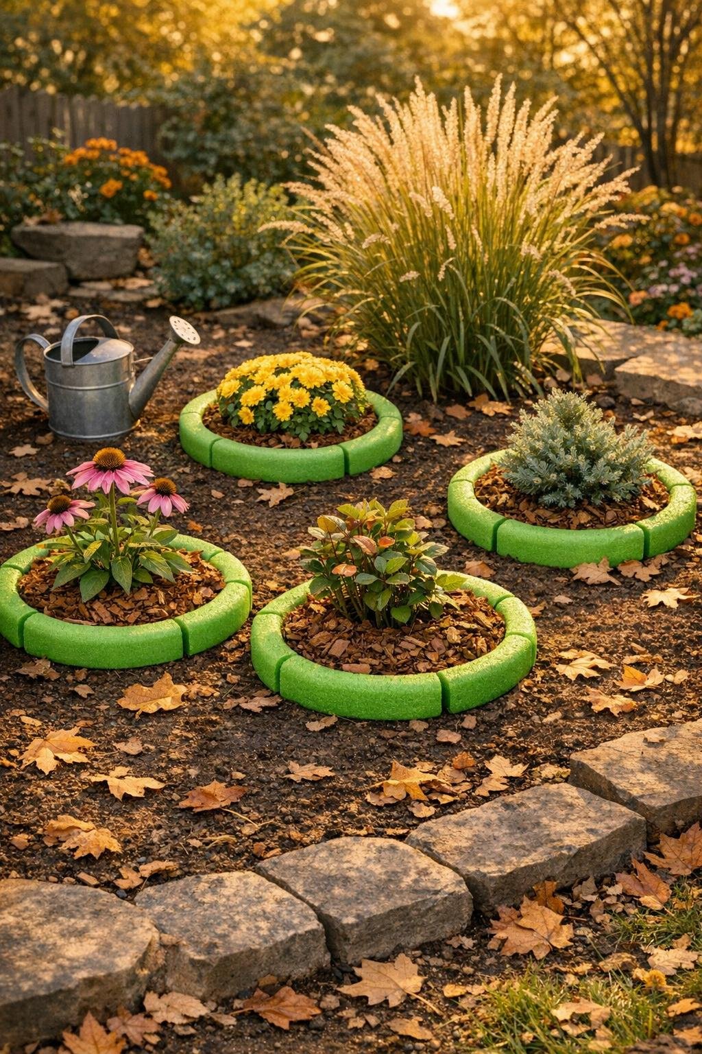 Finished fall garden bed with mulch rings made from pool noodles