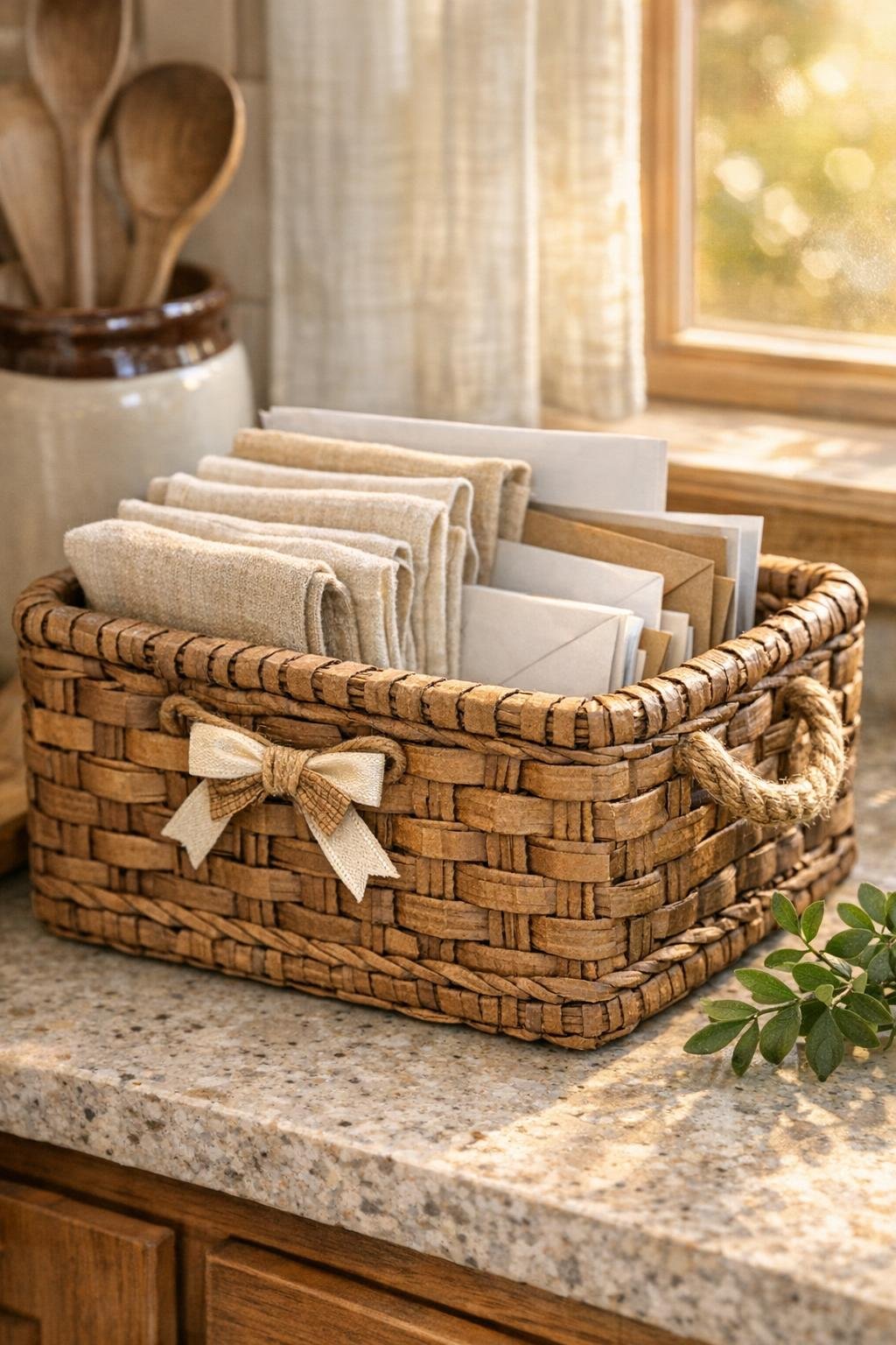 Finished woven basket made from cardboard strips styled on a kitchen counter