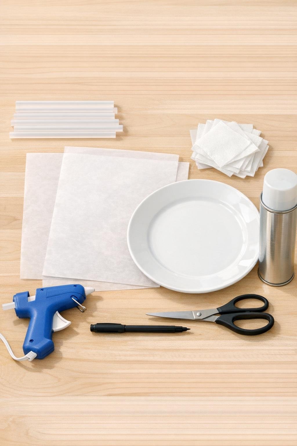 Hot glue doily materials laid out on a craft table