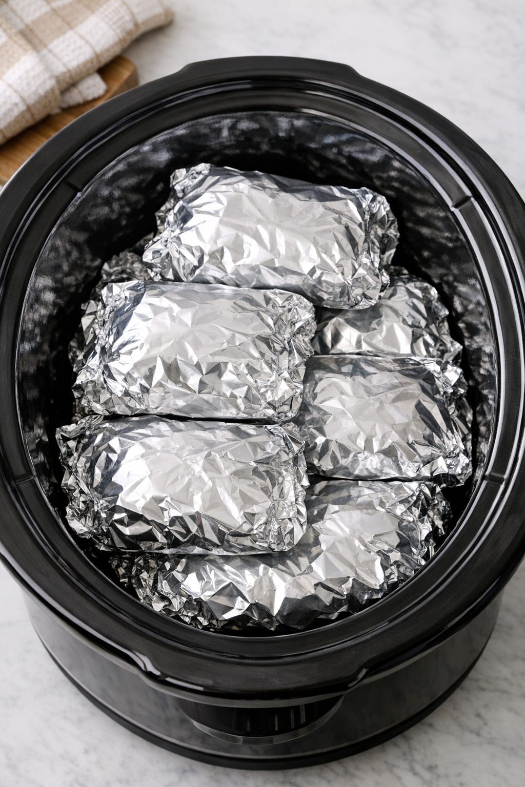 Foil packets arranged inside a black slow cooker