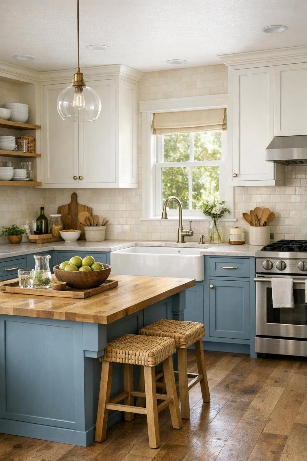 Bright cottage kitchen with warm white and dusty blue cabinetry, apron-front sink, and textured tile backsplash