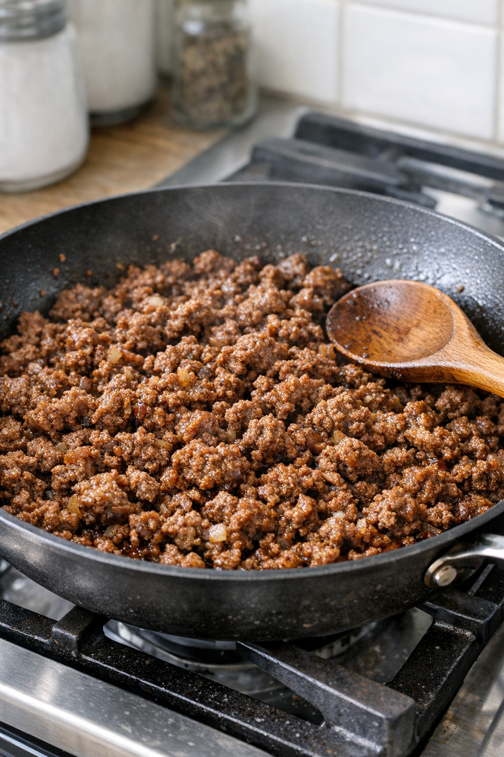 Browned ground beef cooking in a skillet