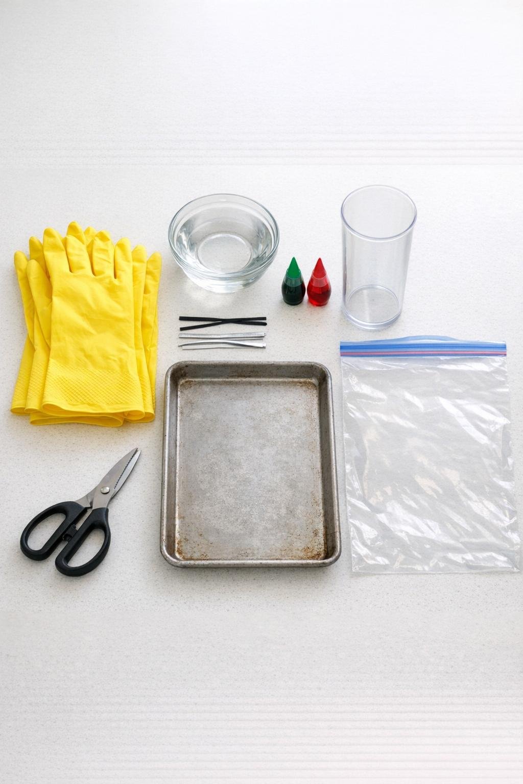 Materials for making frozen zombie hands laid out on a kitchen counter