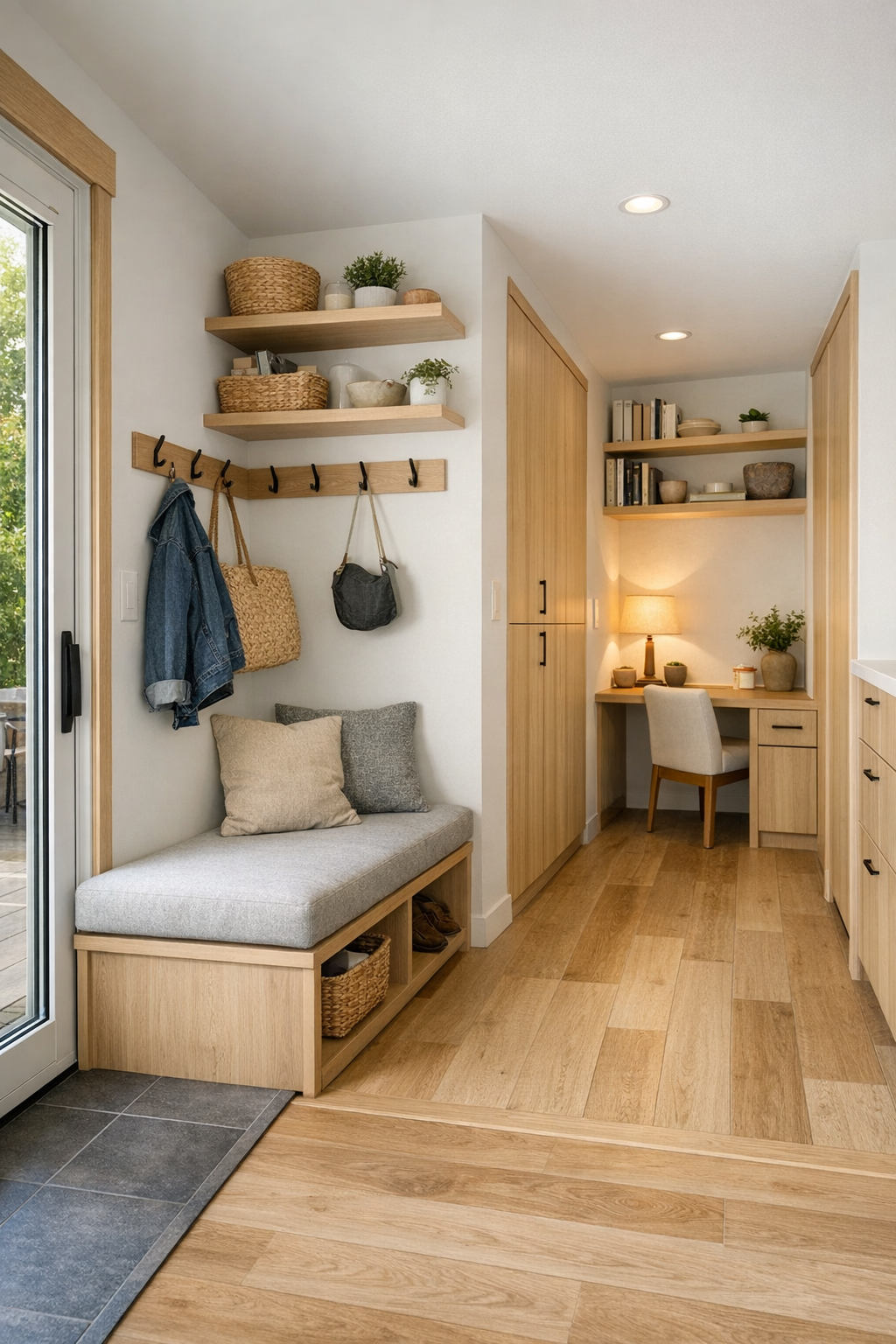 Tiny home entry and hallway with built-in storage and accessible circulation
