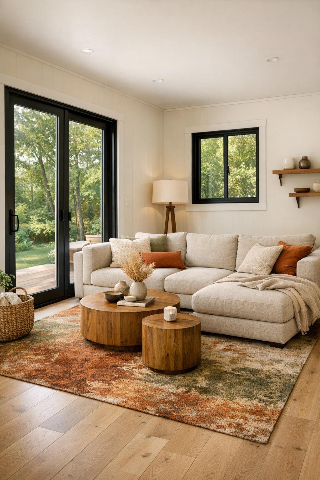 Warm modern living room with pale oak floors and an oatmeal sectional