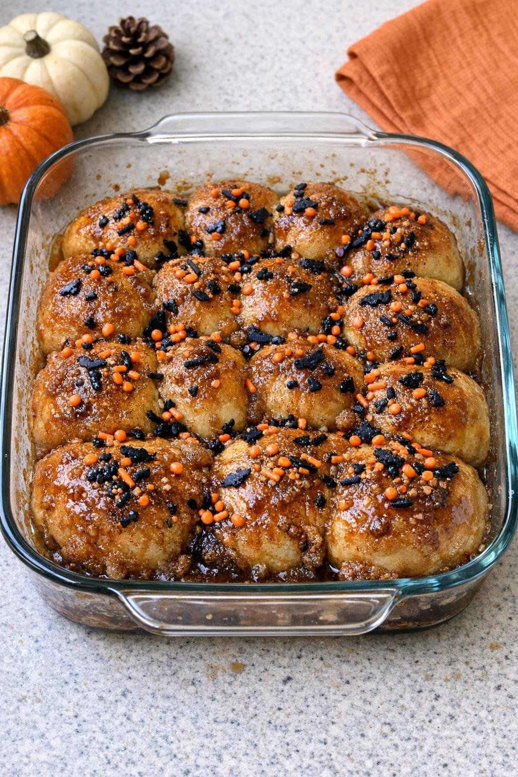 Finished baked Halloween sweet rolls in glass dish