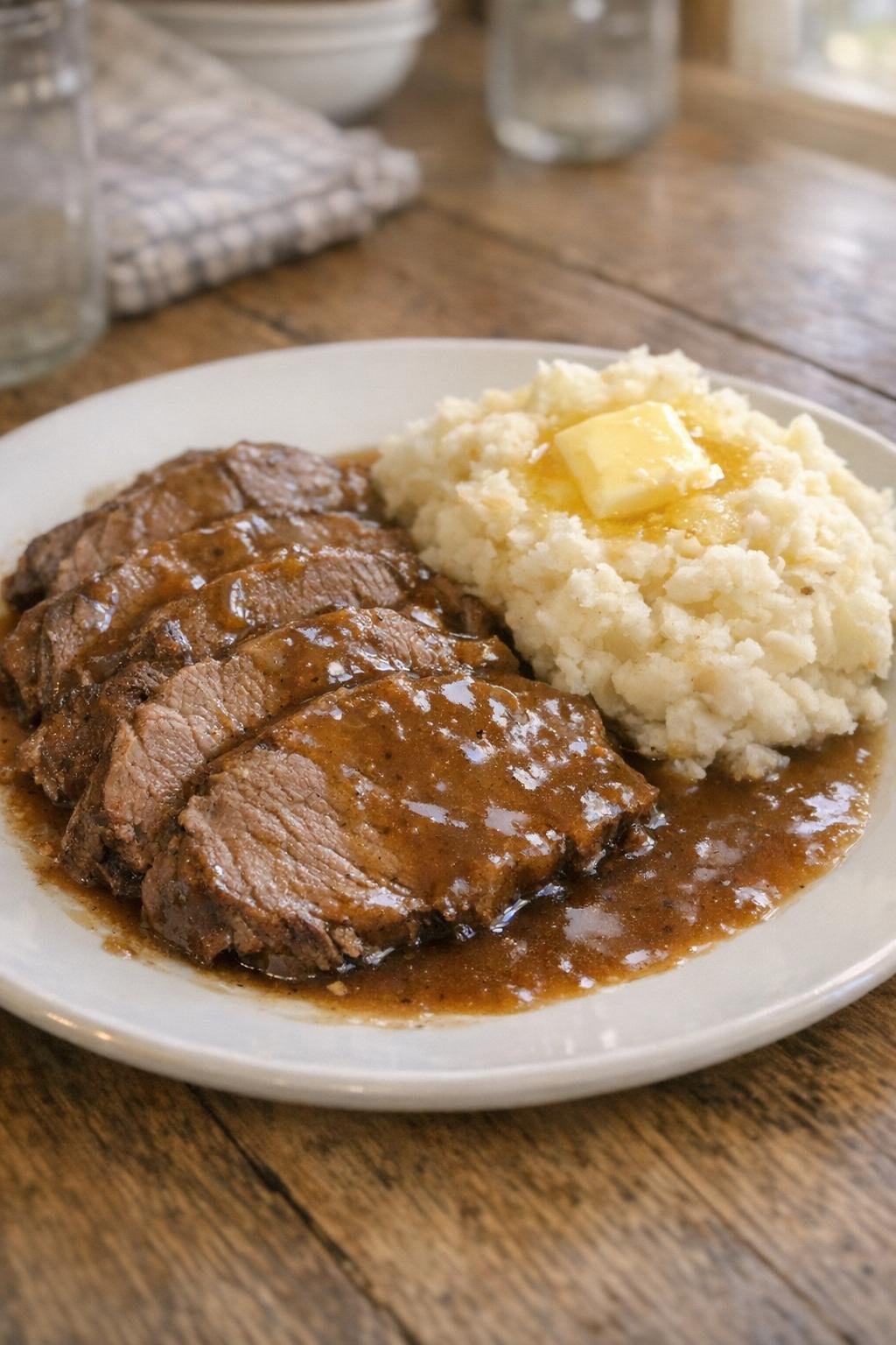 Finished shoulder clod roast slices with brown gravy and mashed potatoes