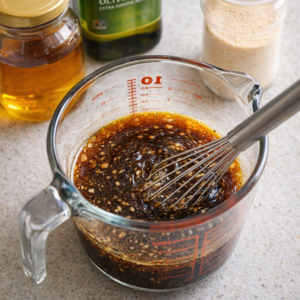 Simple sauce ingredients whisked together in a measuring cup