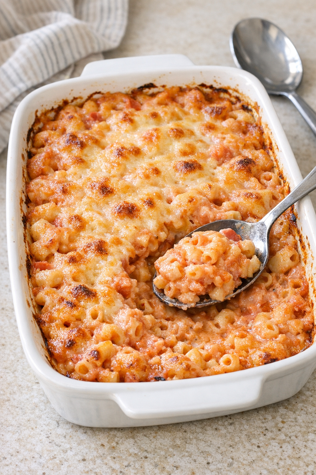 Finished creamy tomato macaroni baked in a casserole dish