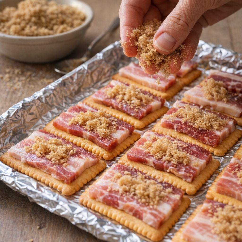Hands sprinkling brown sugar over bacon-topped crackers