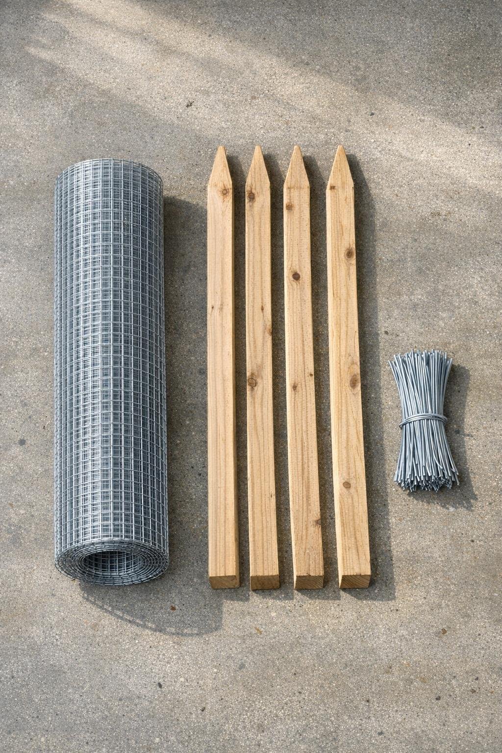 Wire hardware cloth, stakes, and twist ties laid out for a leaf mold compost bin