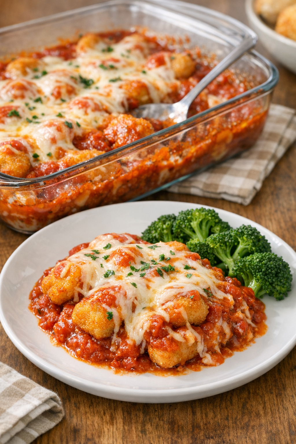 Baked chicken nugget casserole with red sauce and melted cheese