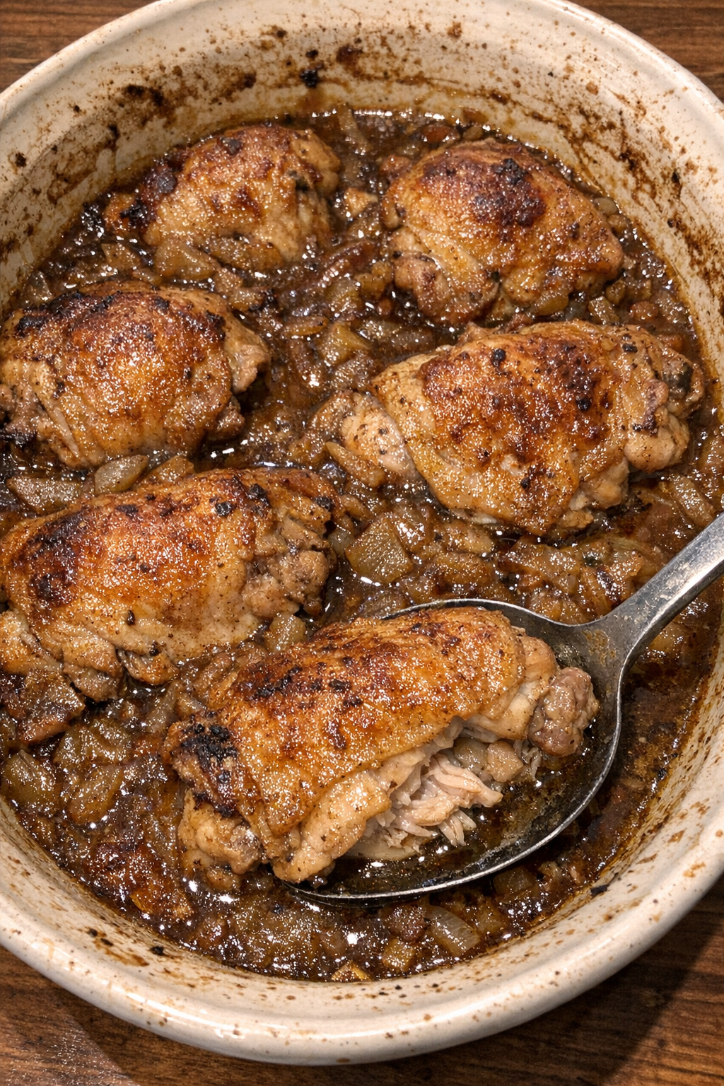 Golden brown chicken in onion gravy in a casserole dish